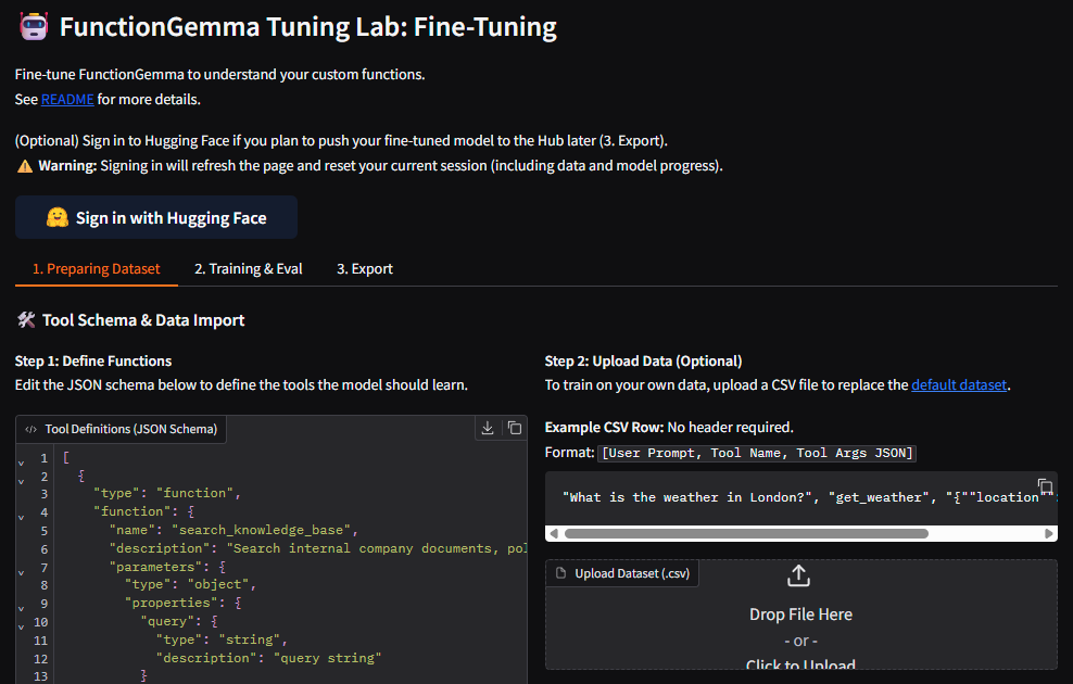 FunctionGemma Tuning Lab 界面