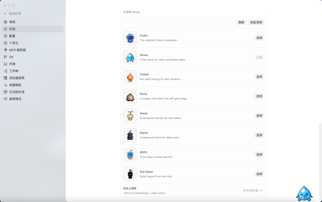 Codex 外观设置里的宠物配置入口