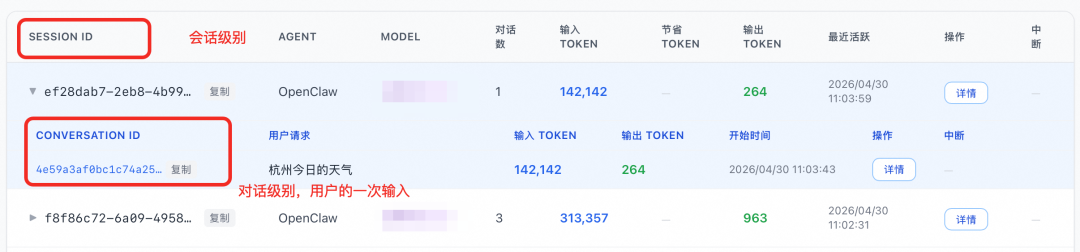 会话级与对话级 Token 示例