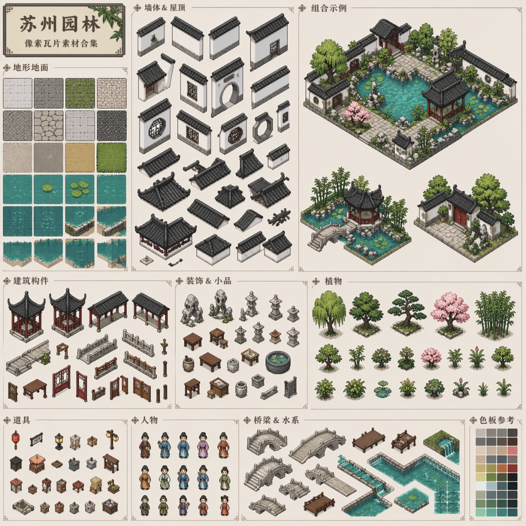 苏州园林像素风 tilemap 素材