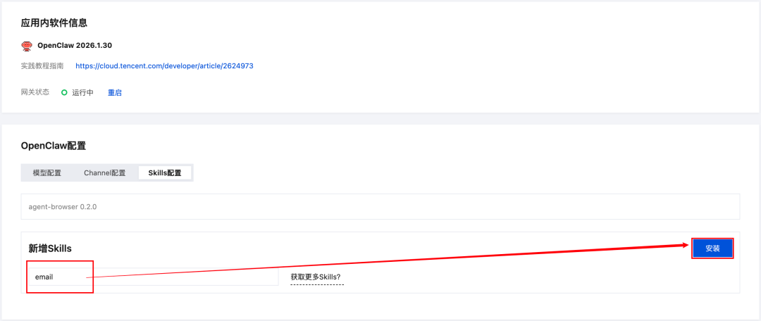在 OpenClaw Skills 配置中输入 email 并安装