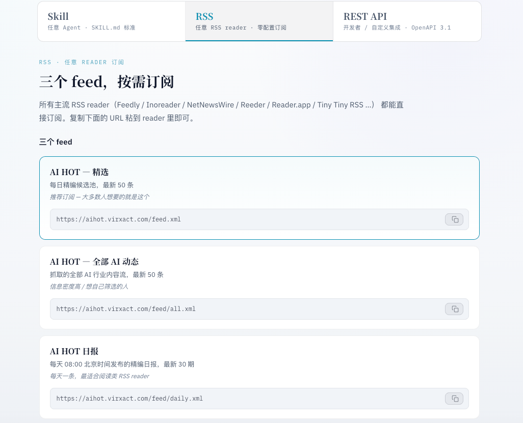AIHOT RSS 接入页